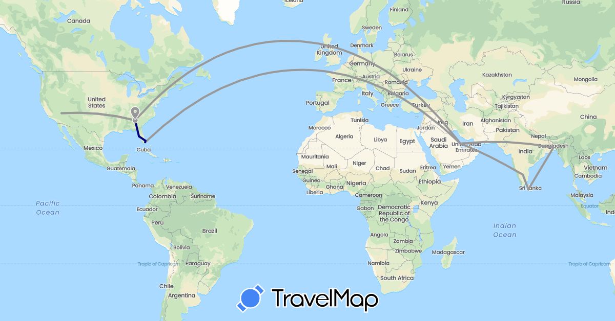 TravelMap itinerary: driving, plane in Bangladesh, India, Sri Lanka, Qatar, United States (Asia, North America)